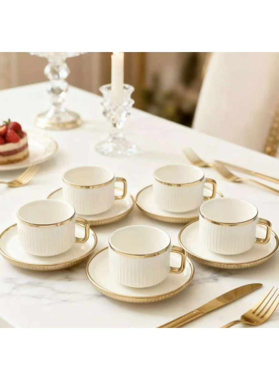6 Sets Of Luxury Porcelain Turkish Coffee Cup Set Elegant Gold-Plated Design Modern Espresso Cup Set for Home Gift Premium Ceramic Tea Cups for Arabic White and Gold Design